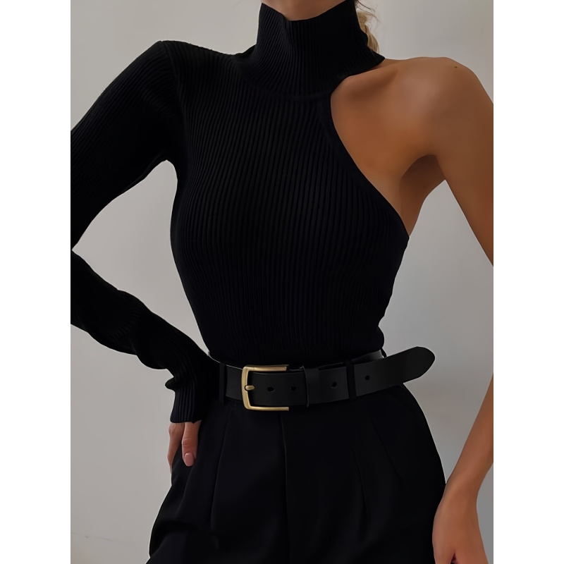 Winter Clothing - Solid Asymmetric One Shoulder Ribbed Knit